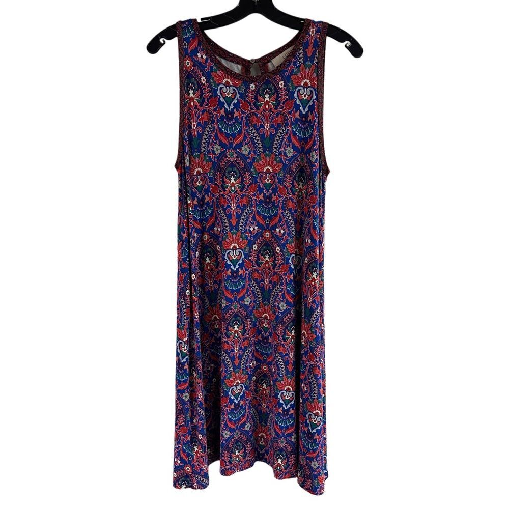 Loft Red & Blue Print Rayon Stretch Popover Tank Dress Size M
